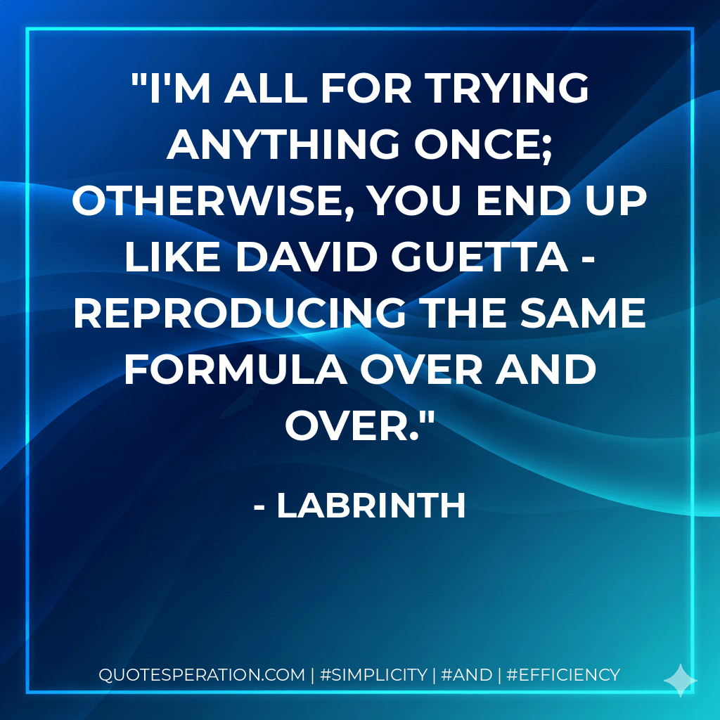 I'm all for trying anything once; otherwise, you end up like David Guetta - reproducing the same formula over and over. - Labrinth