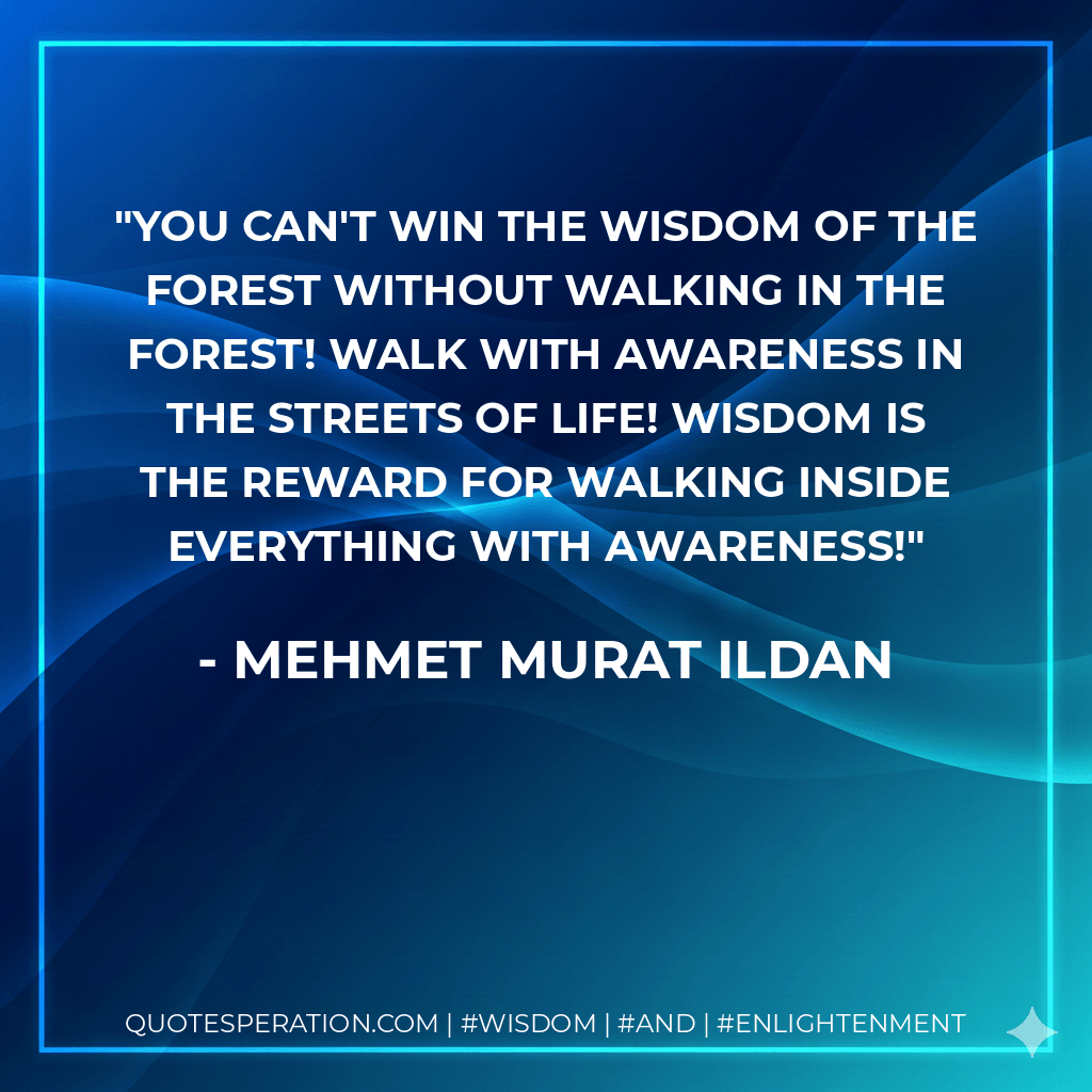 You can't win the wisdom of the forest without walking in the forest! Walk with awareness in the streets of life! Wisdom is the reward for walking inside everything with awareness! - Mehmet Murat ildan