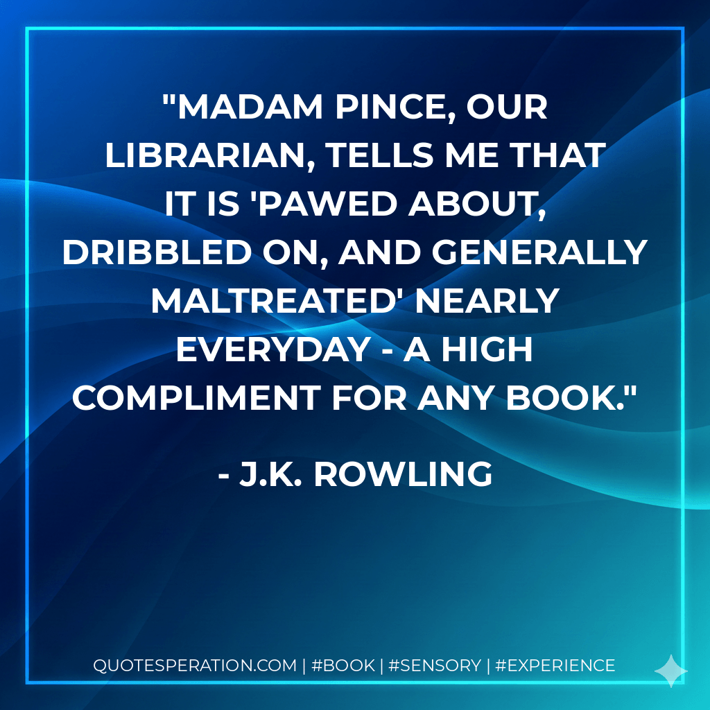 Madam Pince, our librarian, tells me that it is 'pawed about, dribbled on, and generally maltreated' nearly everyday - a high compliment for any book. - J.K. Rowling