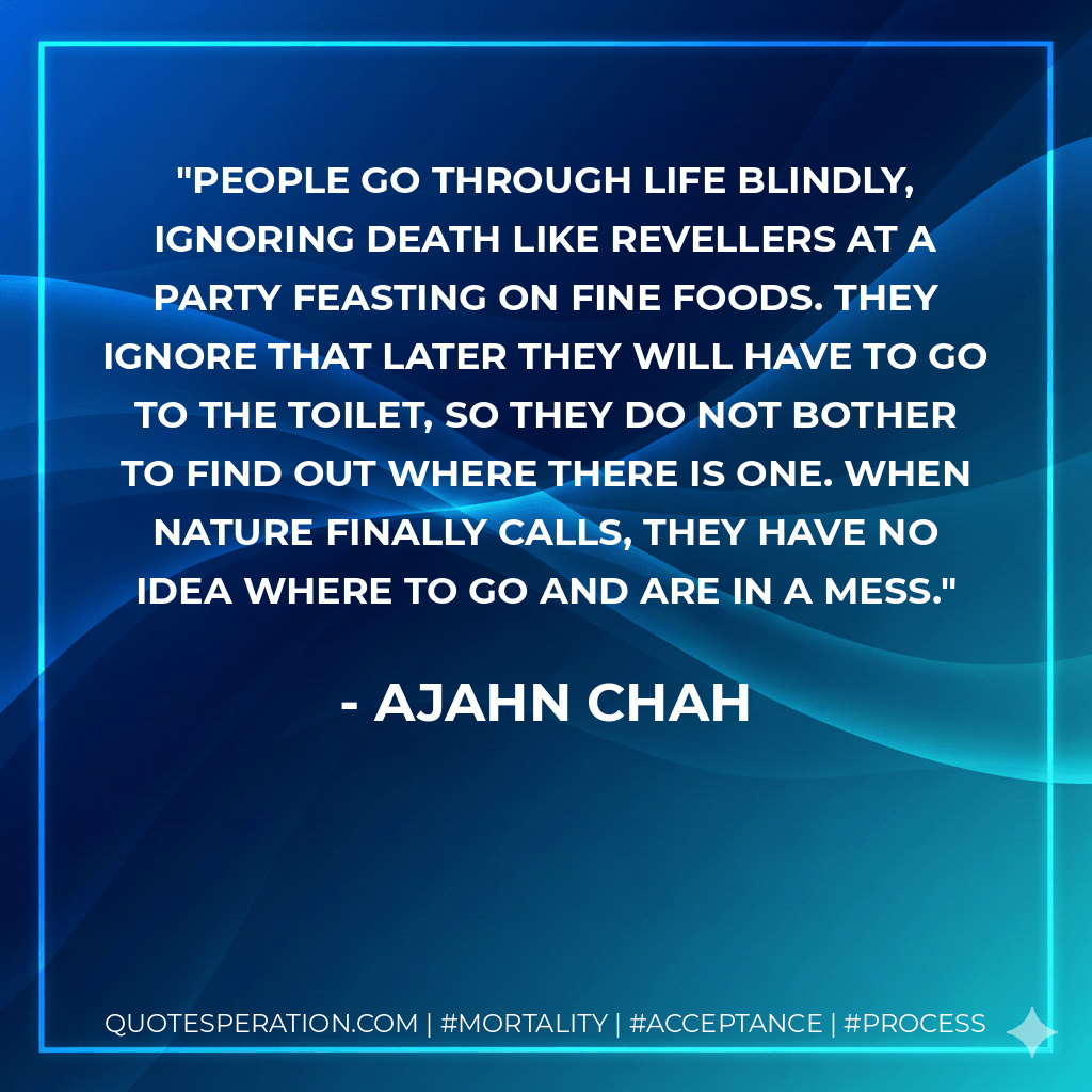 People go through life blindly, ignoring death like revellers at a party feasting on fine foods. They ignore that later they will have to go to the toilet, so they do not bother to find out where there is one. When nature finally calls, they have no idea where to go and are in a mess. - Ajahn Chah