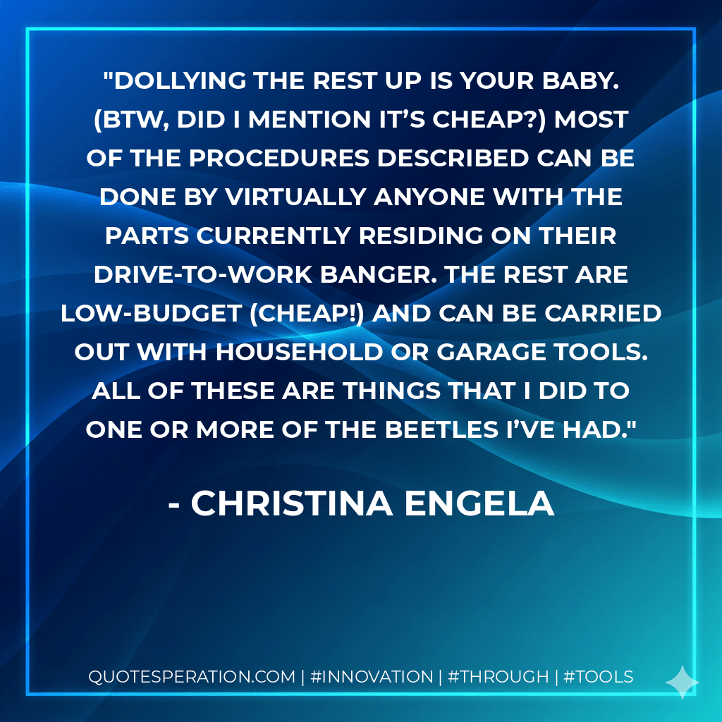 Dollying the rest up is your baby. (Btw, did I mention it’s cheap?) Most of the procedures described can be done by virtually anyone with the parts currently residing on their drive-to-work banger. The rest are low-budget (cheap!) and can be carried out with household or garage tools. All of these are things that I did to one or more of the Beetles I’ve had. - Christina Engela