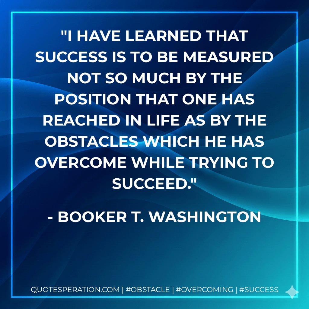 I have learned that success is to be measured not so much by the position that one has reached in life as by the obstacles which he has overcome while trying to succeed. - Booker T. Washington