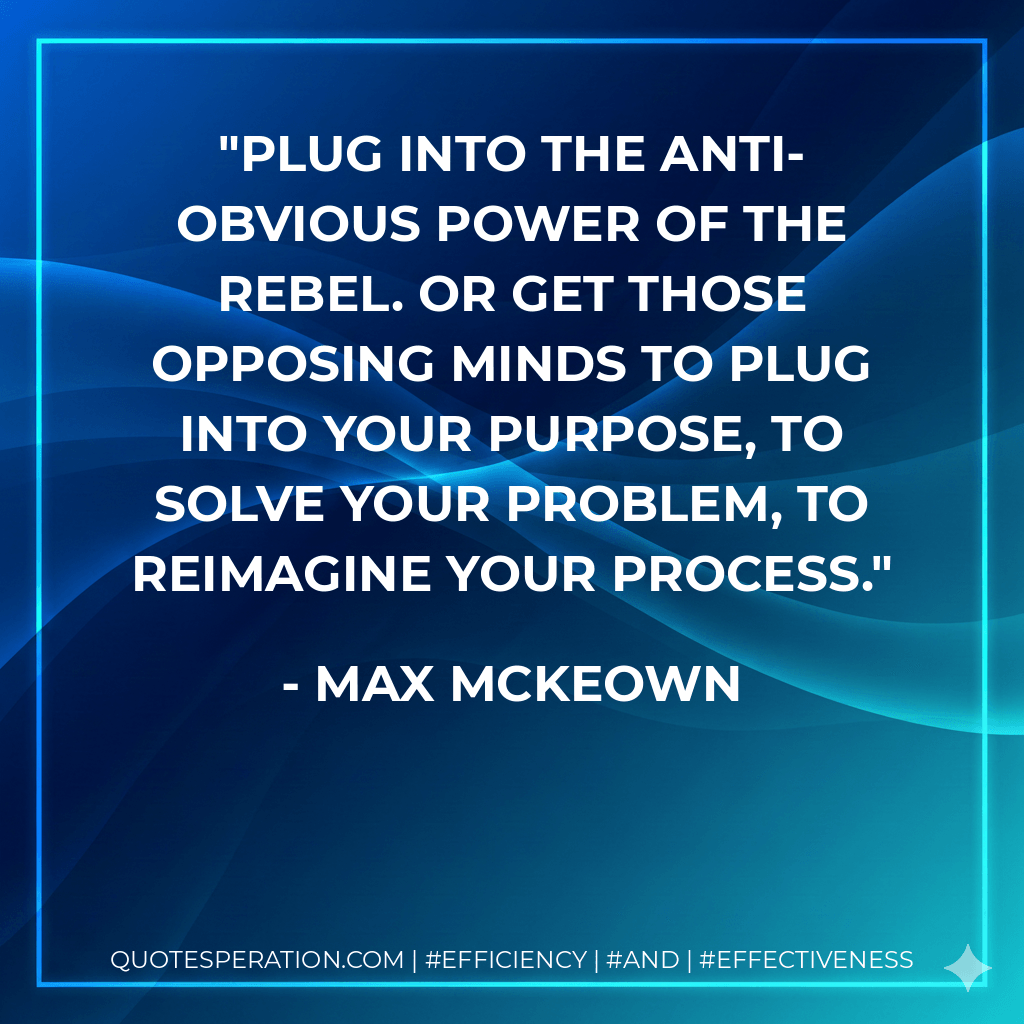 Plug into the anti-obvious power of the rebel. Or get those opposing minds to plug into your purpose, to solve your problem, to reimagine your process. - Max McKeown