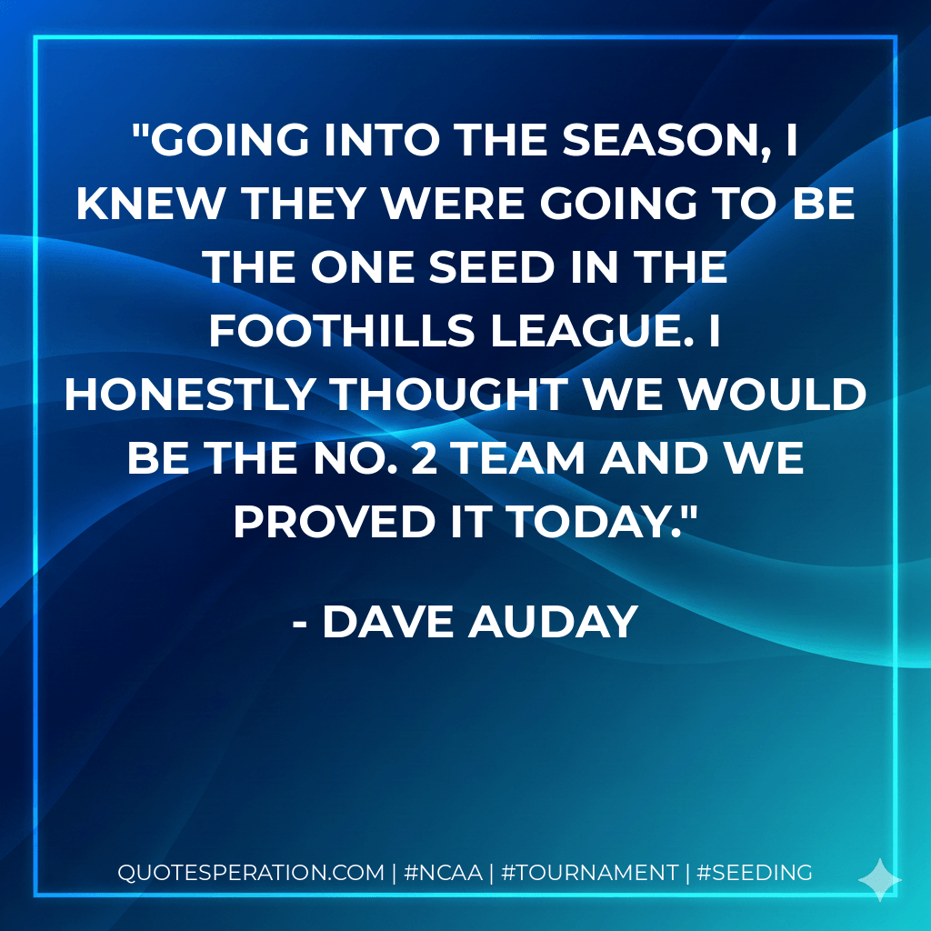 Going into the season, I knew they were going to be the one seed in the Foothills League. I honestly thought we would be the No. 2 team and we proved it today. - Dave Auday