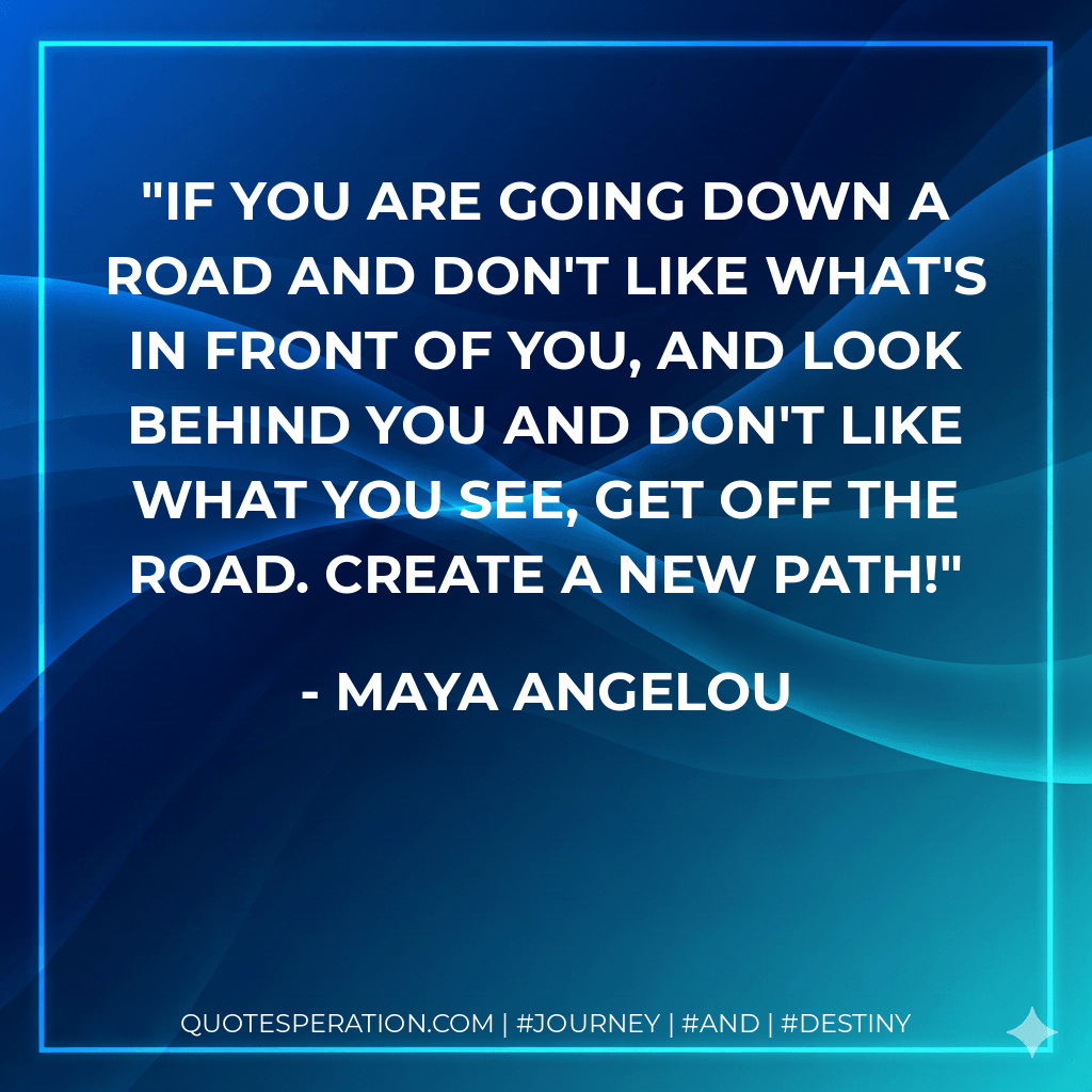 If you are going down a road and don't like what's in front of you, and look behind you and don't like what you see, get off the road. Create a new path! - maya angelou