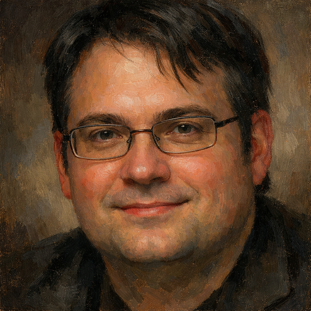 An oil painting of Brandon Sanderson's face