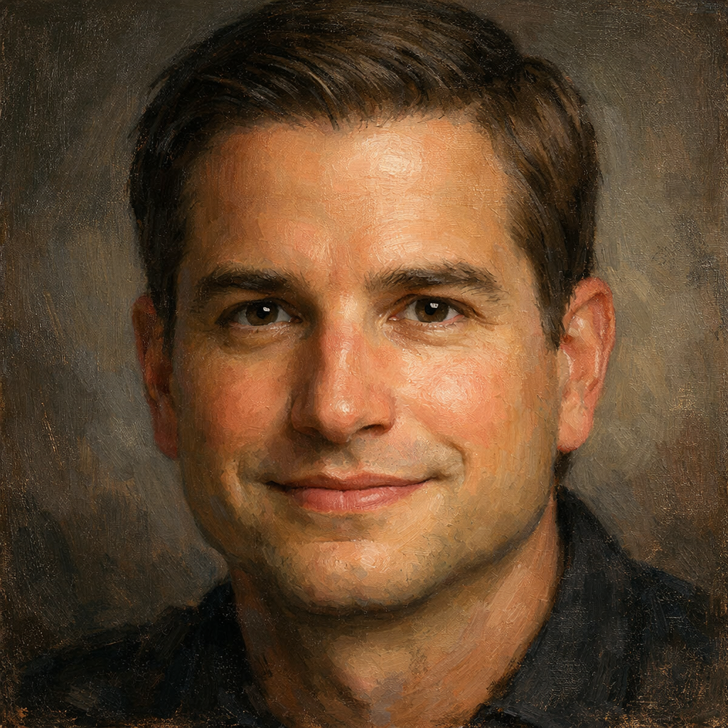 An oil painting of Cal Newport's face