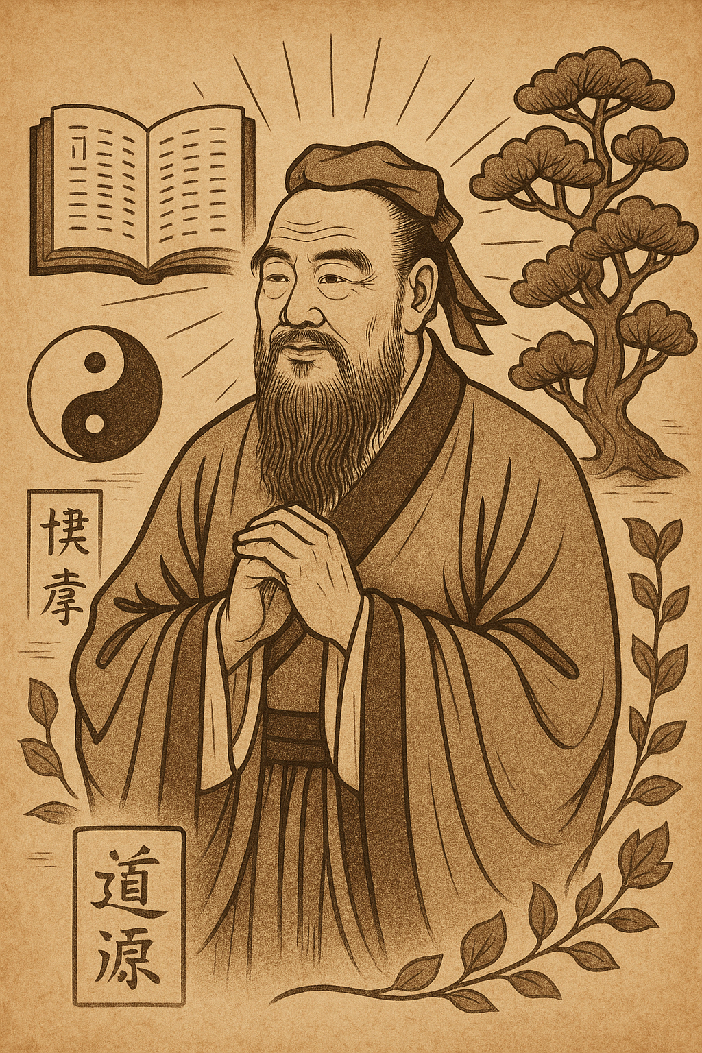 a traditional, sepia-toned ink illustration of Confucius, depicted in a calm, respectful pose with his hands together in front of his chest. His expression is serene and contemplative, emphasizing wisdom and dignity.