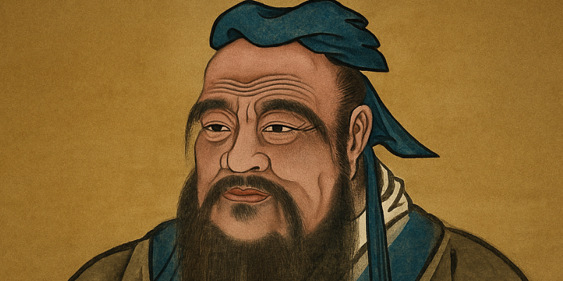 a book cover featuring a classical, stylized portrait of Confucius, the ancient Chinese philosopher. He is depicted in traditional attire with a blue-gray inner robe and an orange-brown outer garment. His expression is wise and contemplative, with a long, dark beard, high forehead, and serene eyes—reflecting his role as a revered teacher and moral guide.