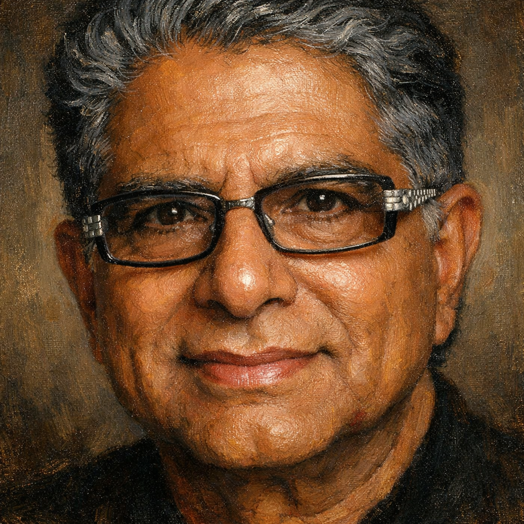 An oil painting of Deepak Chopra's face