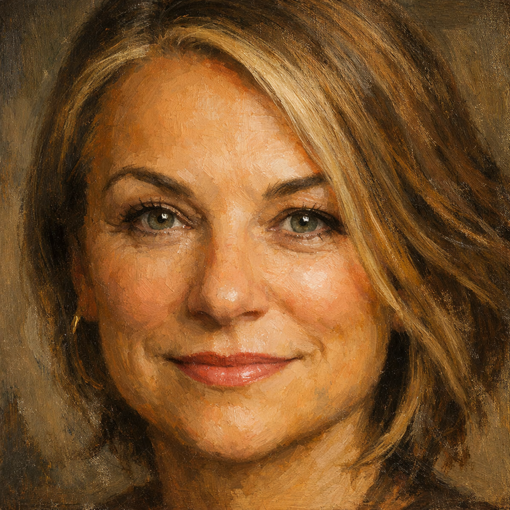 An oil painting of Esther Perel's face