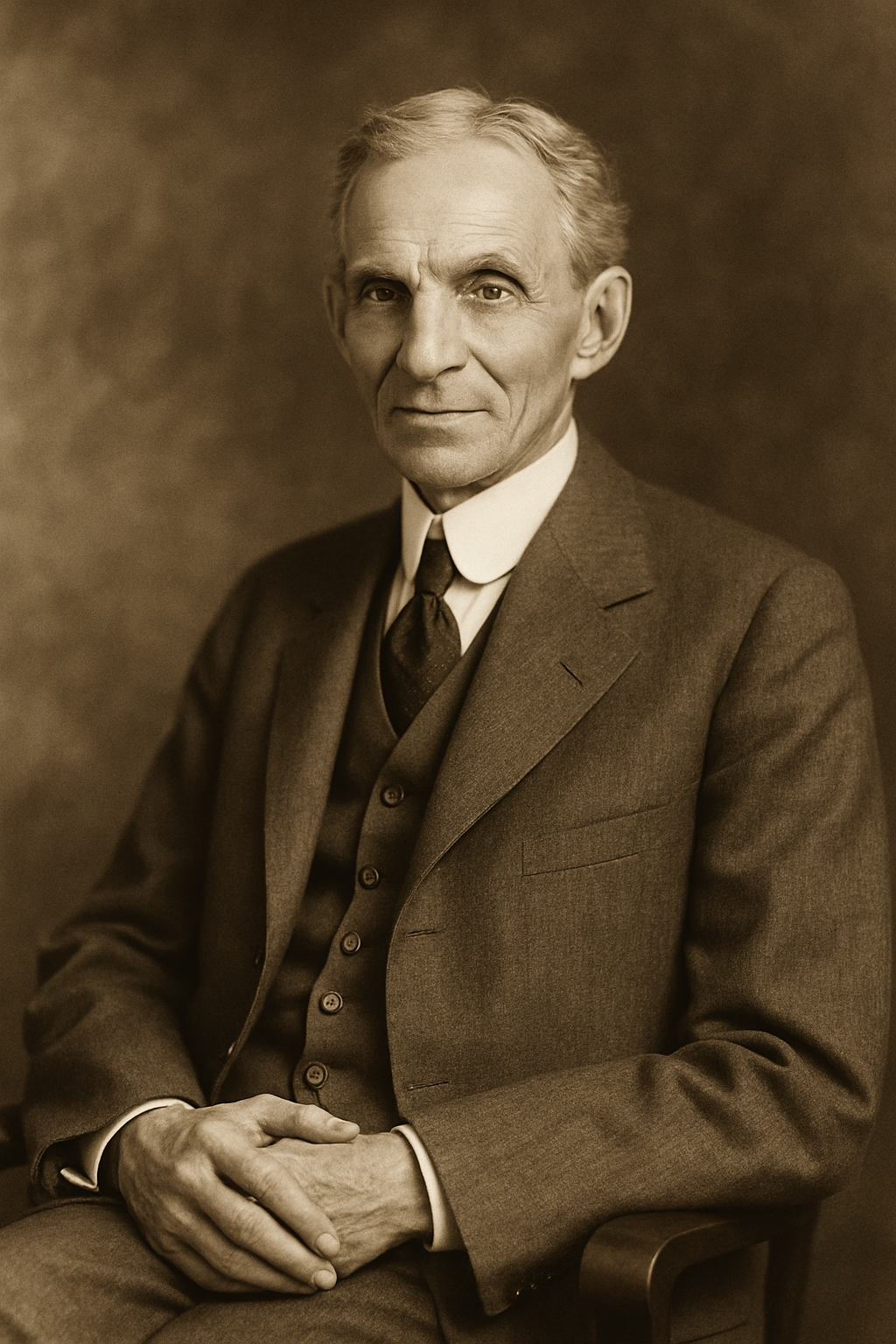 This image is a sepia-toned portrait of Henry Ford, evoking a timeless, vintage aesthetic.