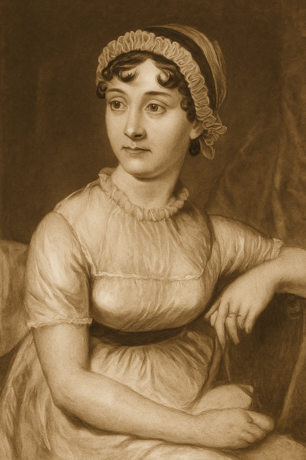 This image is a sepia-toned, classical-style portrait of Jane Austen, rendered with the softness and elegance typical of late 18th to early 19th-century portraiture. Austen is shown seated, posed from the waist up, and slightly turned to her left. Her gaze is gentle and contemplative, directed off to the side as if deep in thought.