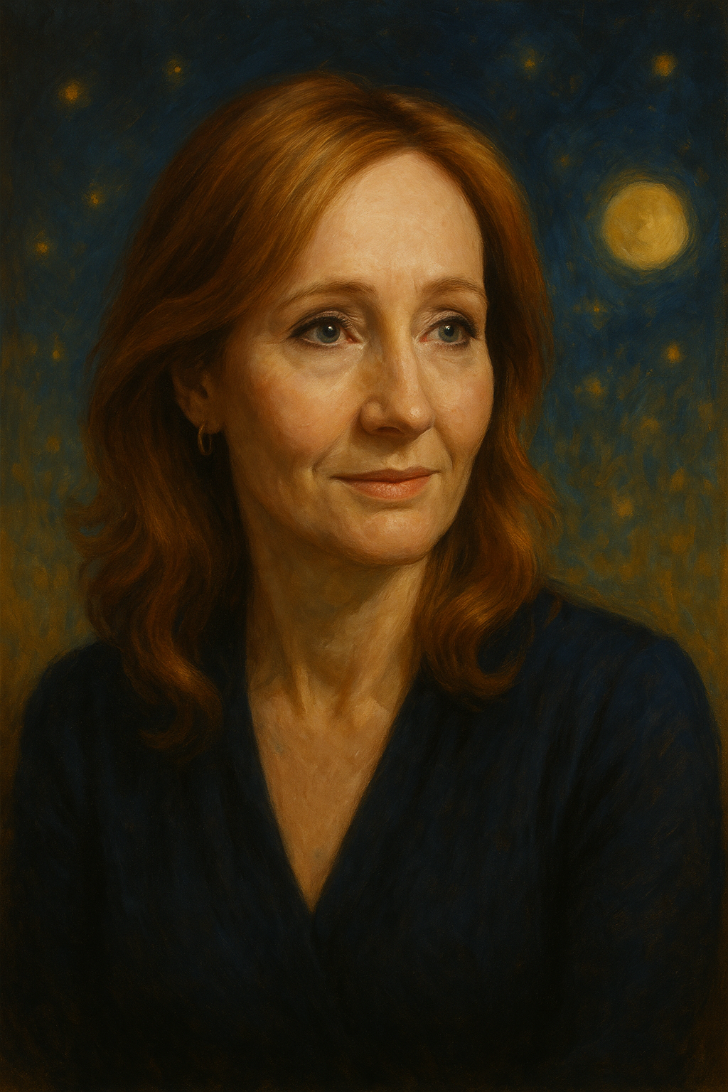 This image is a classical oil or acrylic portrait of J.K. Rowling. She is depicted from the chest up, with a serene and thoughtful expression, gazing slightly to her left. Her auburn hair is softly styled in waves, framing her face, and she wears a dark blue garment that adds a quiet dignity to the composition.