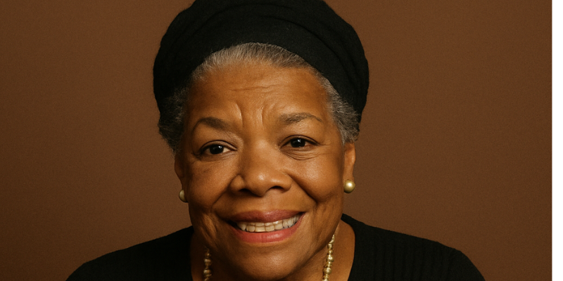 portrait of Dr. Maya Angelou herself. She is smiling gently, dressed in a black top with a string of pearls and a matching head wrap. Her expression is warm, wise, and full of grace—perfectly embodying the spirit of the collection.