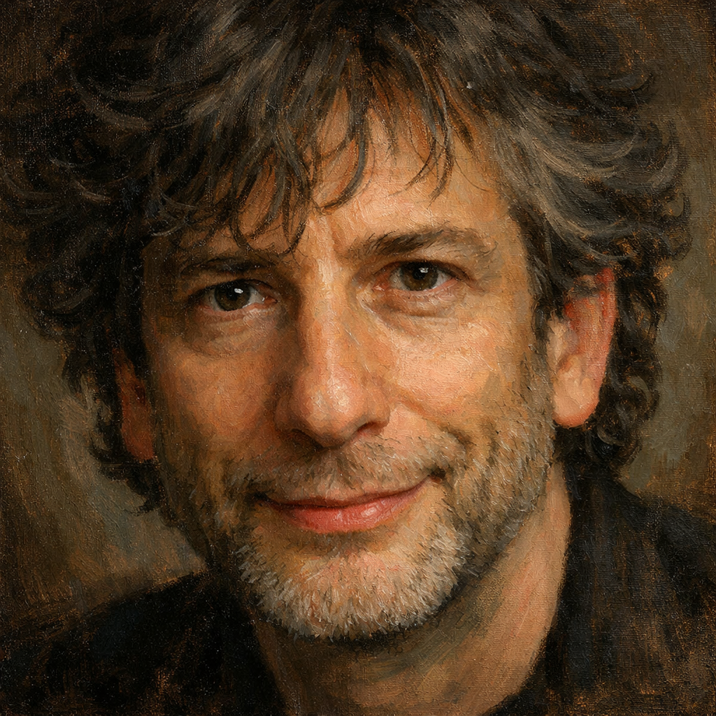 An oil painting of Neil Gaiman's face