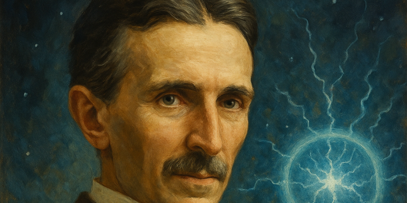 An oil painting of Nikola Tesla's face