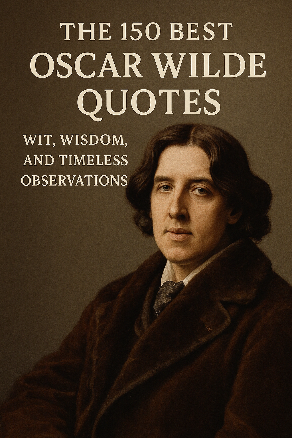 a stylized book cover titled “The 150 Best Oscar Wilde Quotes: Wit, Wisdom, and Timeless Observations.” The design is elegant and classic, with serif typography in large white lettering against a muted brown background. A dignified, painterly portrait of Oscar Wilde dominates the lower portion of the image. Wilde is depicted with shoulder-length wavy dark hair, dressed in a luxurious brown coat with a cravat, seated and gazing directly at the viewer with a composed, thoughtful expression. The lighting is soft and warm, giving the entire image a timeless, Victorian-era feel appropriate for a literary collection.
