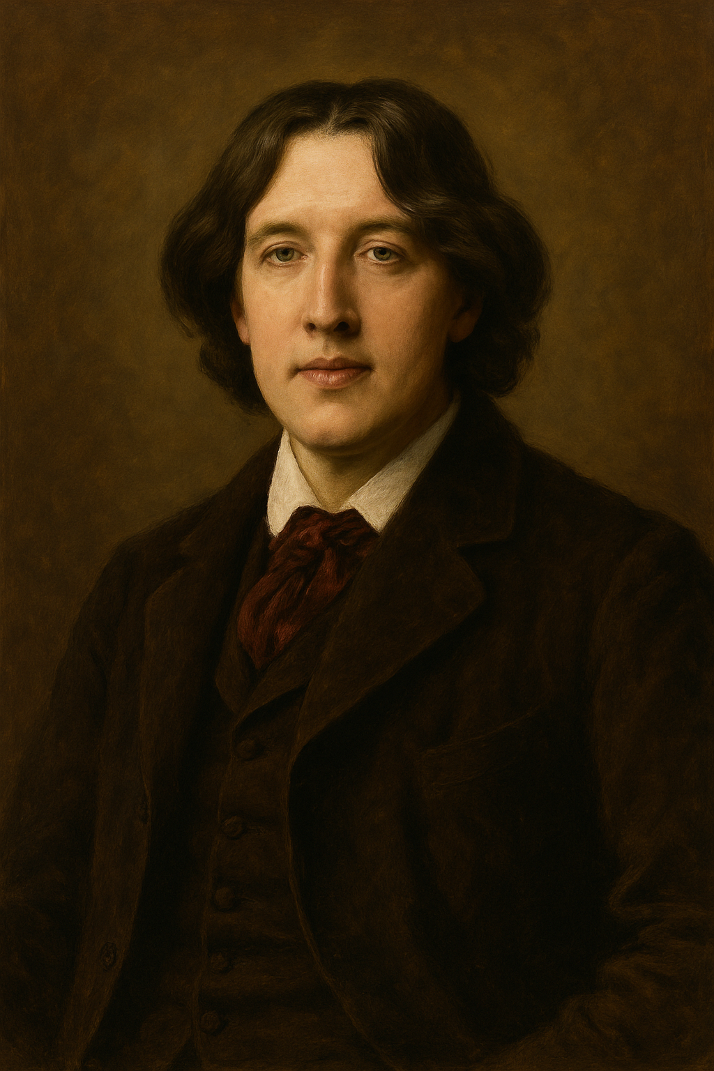a classical oil painting-style portrait of Oscar Wilde. It presents Wilde from the chest up, facing slightly forward with a soft, composed expression. His dark, wavy hair is shoulder-length, and he wears a rich brown velvet suit with a white shirt and a deep red cravat. The background is a warm, softly textured brown, harmonizing with the tones of his clothing and skin. The brushwork is smooth and refined, giving the image a timeless, 19th-century elegance that reflects Wilde’s literary brilliance and artistic persona.