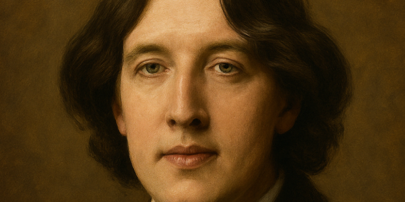 a stylized book cover titled “The 150 Best Oscar Wilde Quotes: Wit, Wisdom, and Timeless Observations.” The design is elegant and classic, with serif typography in large white lettering against a muted brown background. A dignified, painterly portrait of Oscar Wilde dominates the lower portion of the image. Wilde is depicted with shoulder-length wavy dark hair, dressed in a luxurious brown coat with a cravat, seated and gazing directly at the viewer with a composed, thoughtful expression. The lighting is soft and warm, giving the entire image a timeless, Victorian-era feel appropriate for a literary collection.