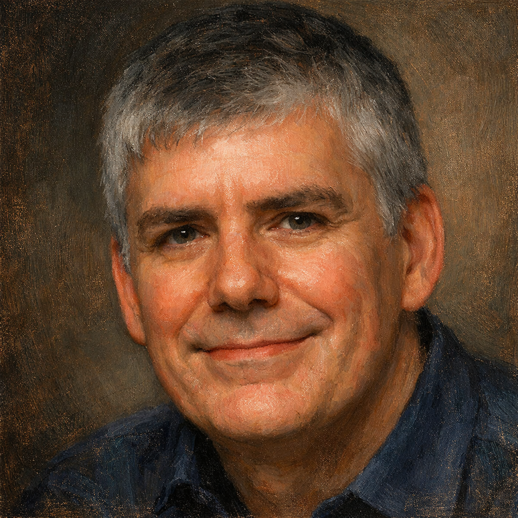 An oil painting of Rick Riordan's face