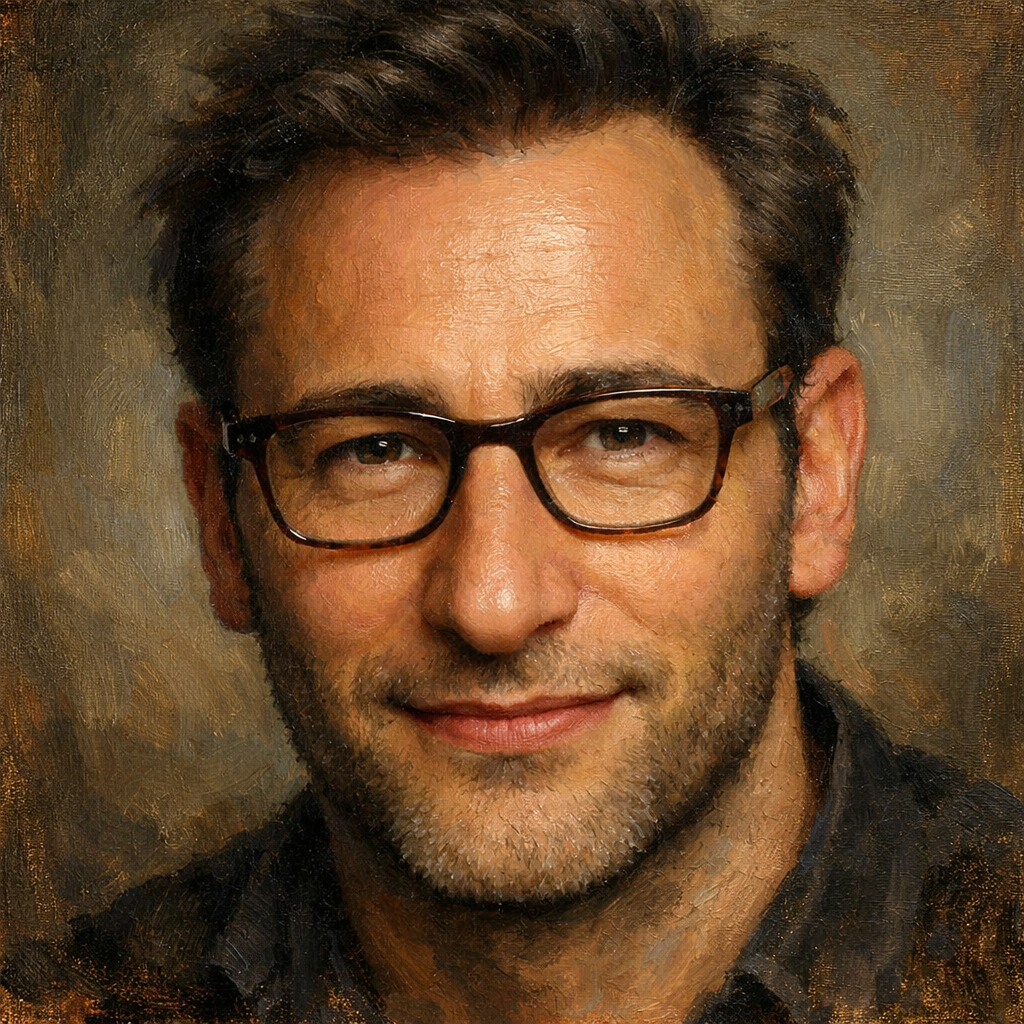 An oil painting of Simon Sinek's face