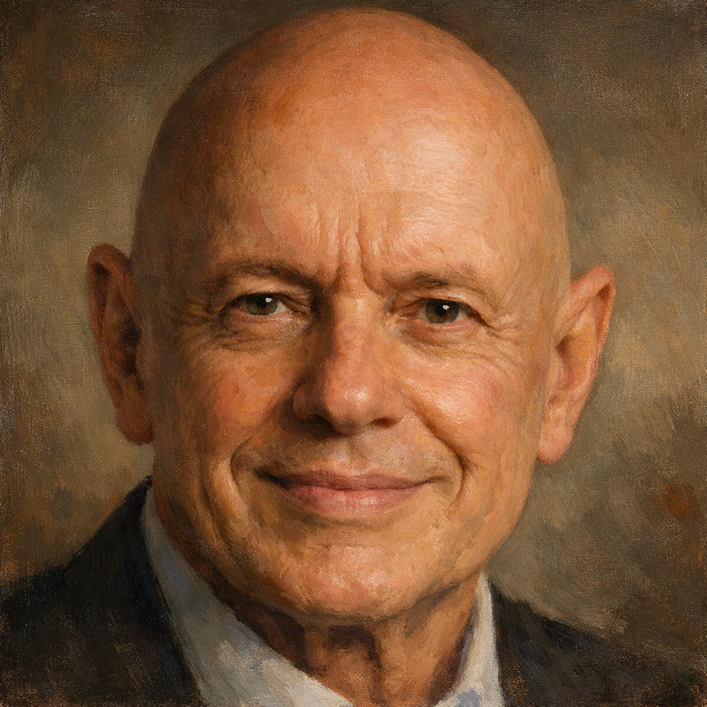 An oil painting of Stephen Covey's face