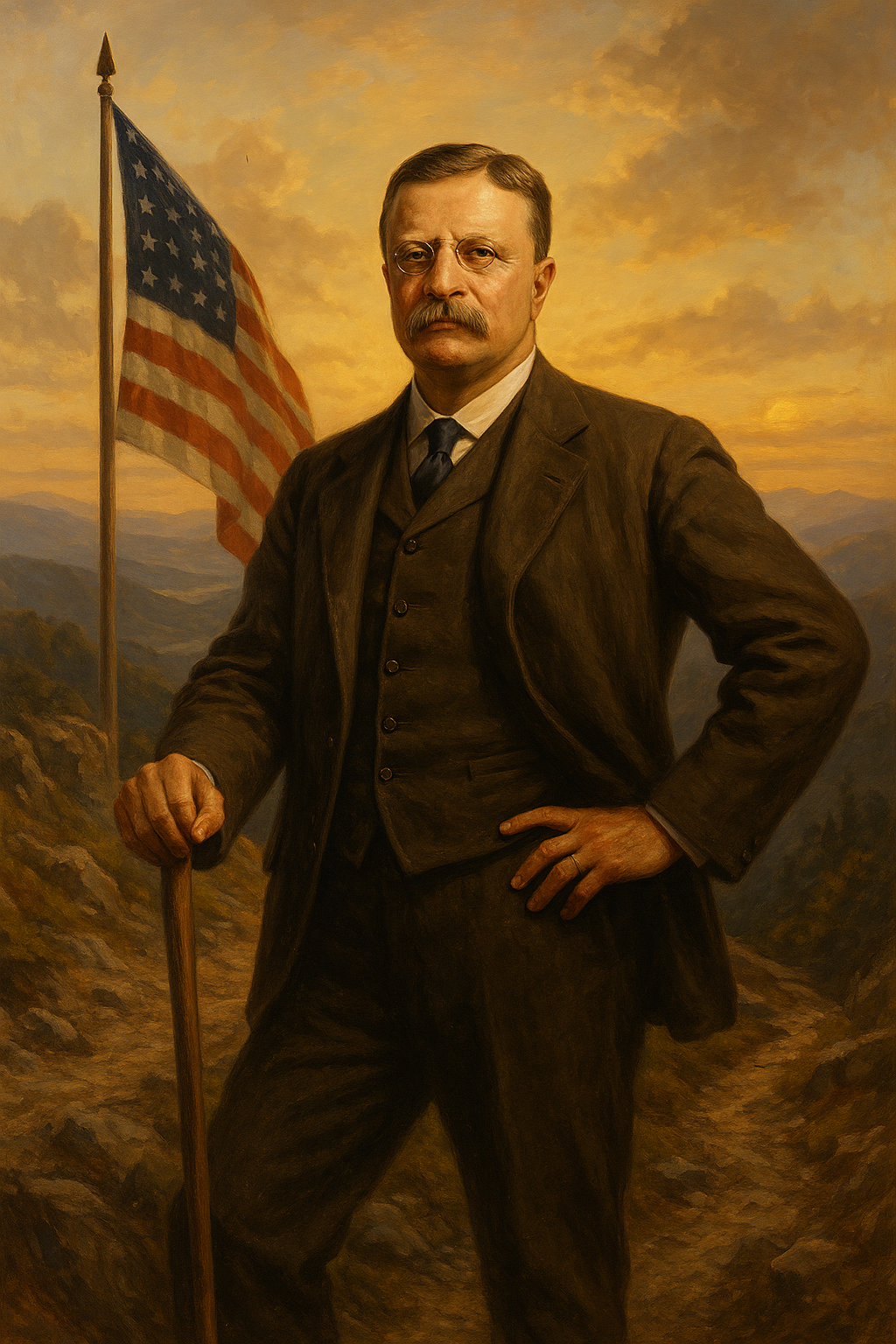 An oil painting of Theodore Roosevelt in front of an American flag