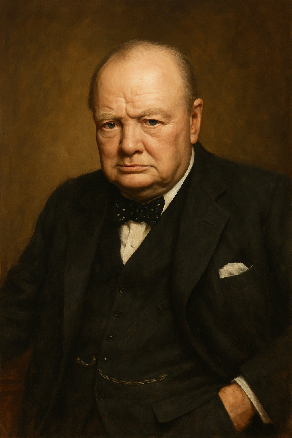 a classical-style oil portrait of Winston Churchill. It features him from the chest up, dressed in a dark three-piece suit with a white shirt, a black polka-dot bow tie, and a pocket square. His posture is slightly leaned to one side with one hand tucked into his pocket. The expression on his face is serious, focused, and resolute, capturing the weight of leadership and historical gravitas. The background is a warm, painterly brown, giving the portrait a timeless, dignified atmosphere. The lighting is soft and directional, highlighting the details of his face and clothing with subtle realism.